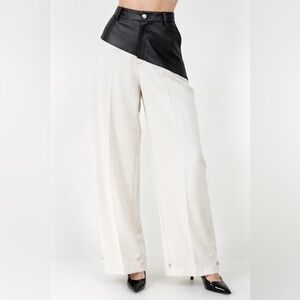 NWT Chic Cream Faux Pu Leather Combo Trousers W Adjustable Bottom